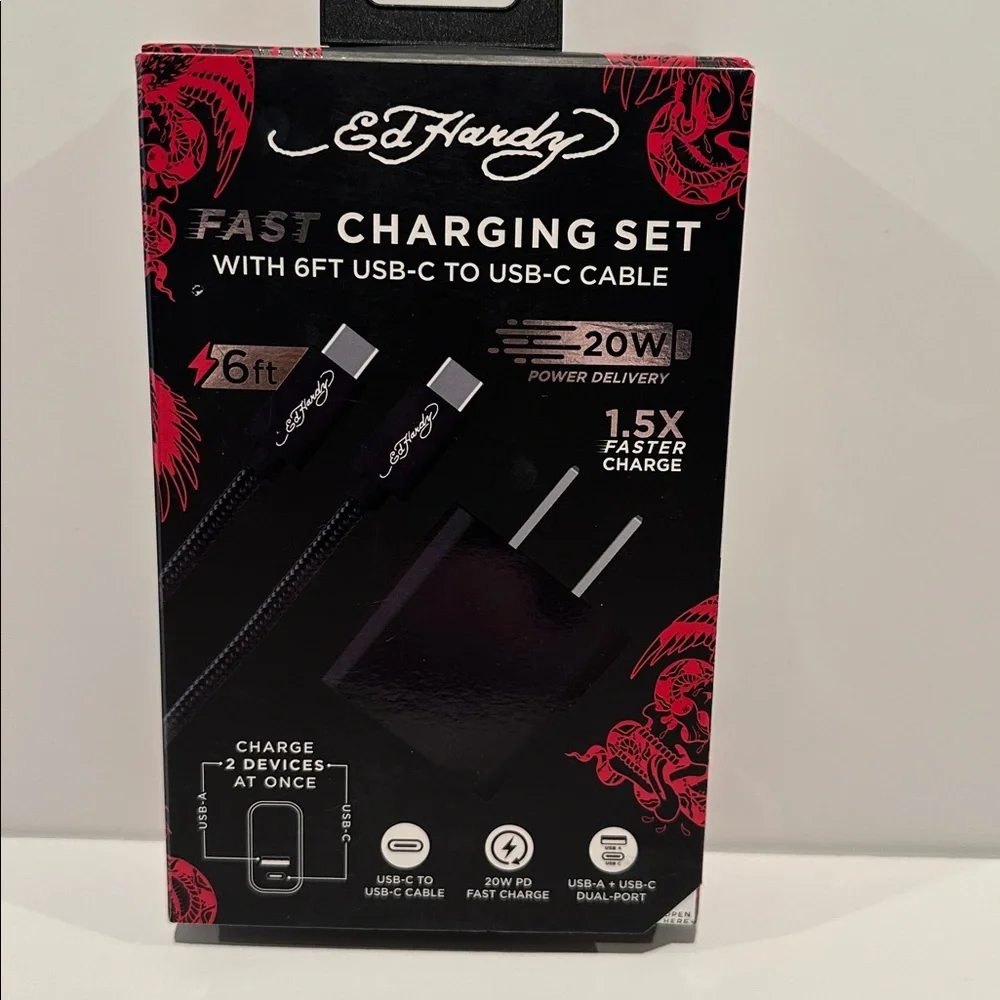 NIB Ed Hardy Fast Charging Set with 6 Ft. USB-C to USB-C Cable.